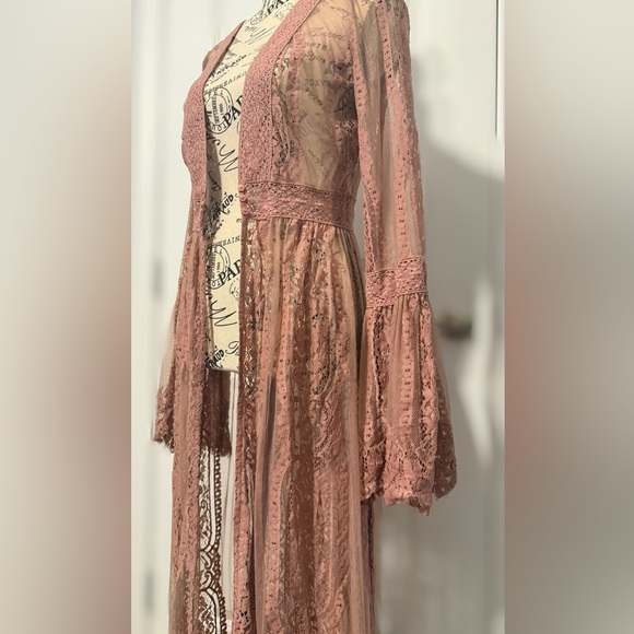 Blush Pink Lace Duster | Floor-Length Boho Kimono | Romantic Festival Chic - Picture 10 of 12